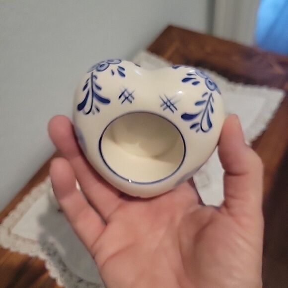 Pair Vtg Dutch Delft Blue Floral Tealight Candle Holders Holland Heart & Round - Picture 4 of 16